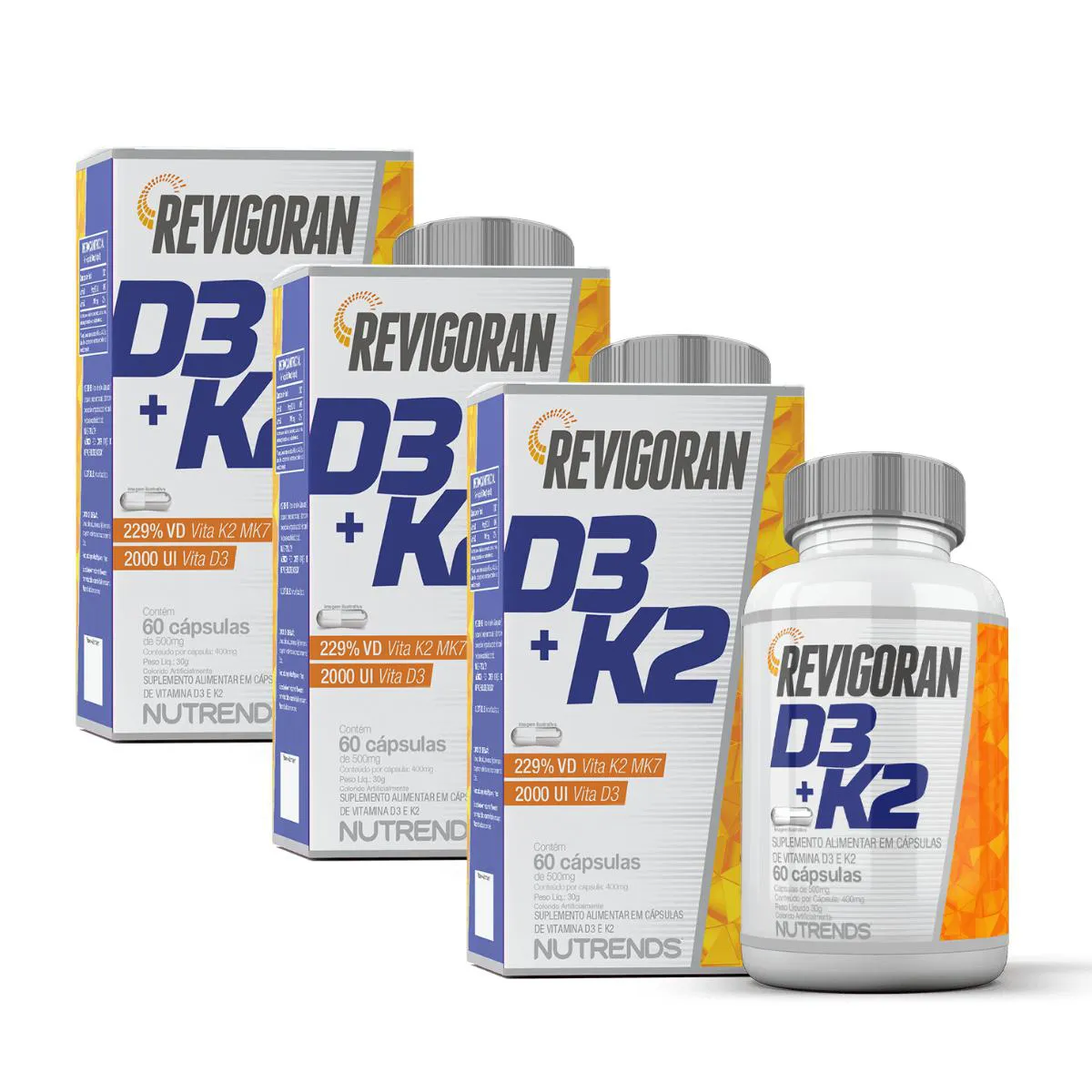 3X REVIGORAN VITAMINA D3 + K2 NUTRENDS 60 CáPSULAS SEM Sabor