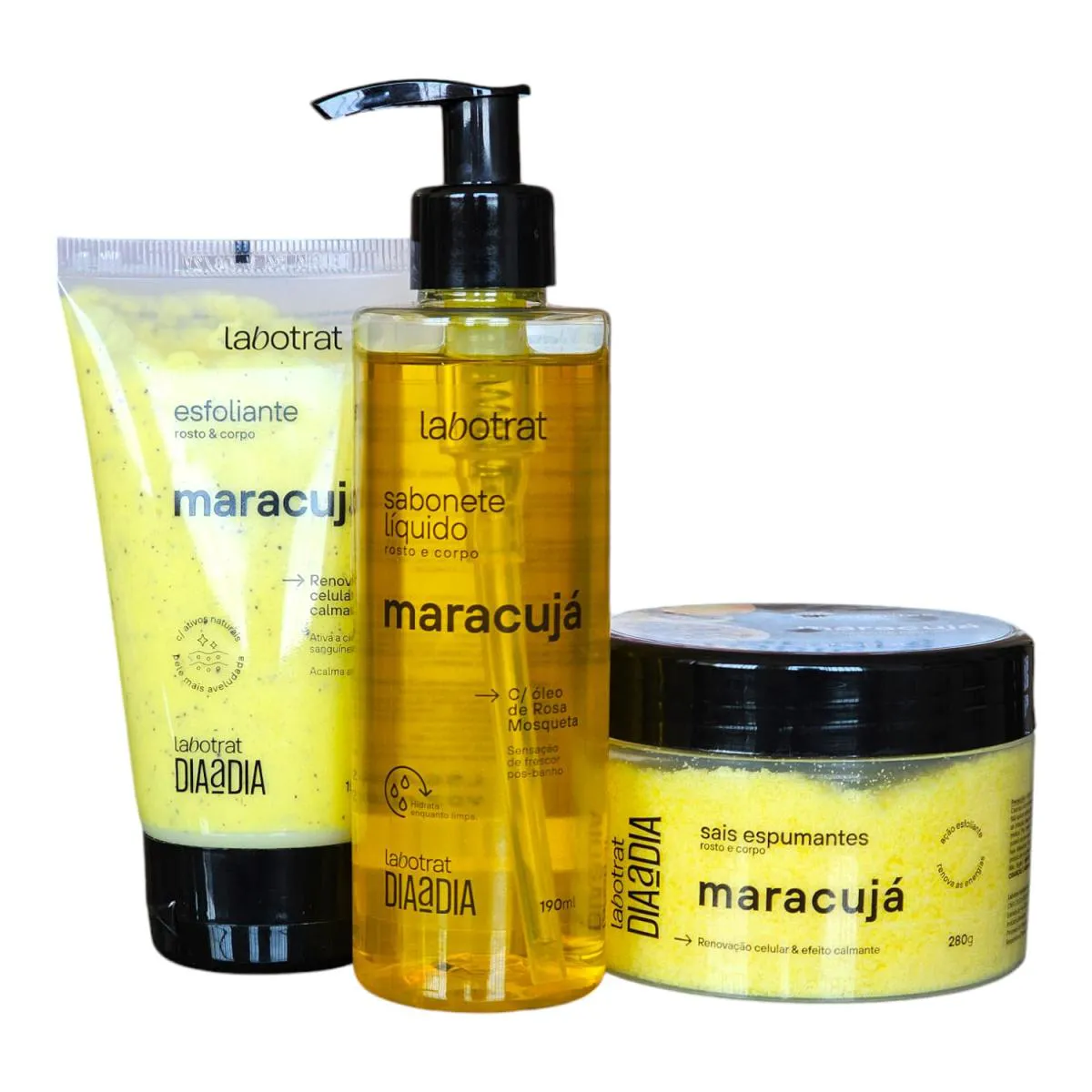 KIT LABOTRAT DIA A DIA MARACUJá SABONETE LíQUIDO 190ML + ESFOLIANTE 150ML + SAIS ESPUMANTES 280G