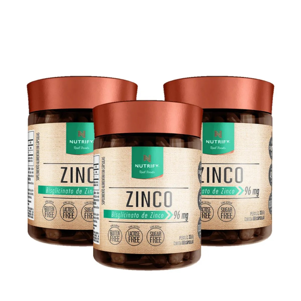 3X ZINCO QUELATO BISGLICINATO VEGANO NUTRIFY 60 CáPSULAS SEM Sabor