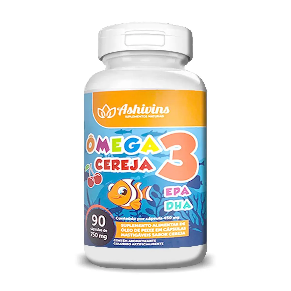 ÔMEGA 3 KIDS 90 CAPSULAS 750MG MASTIGáVEL SABOR CEREJA - ASHIVINS