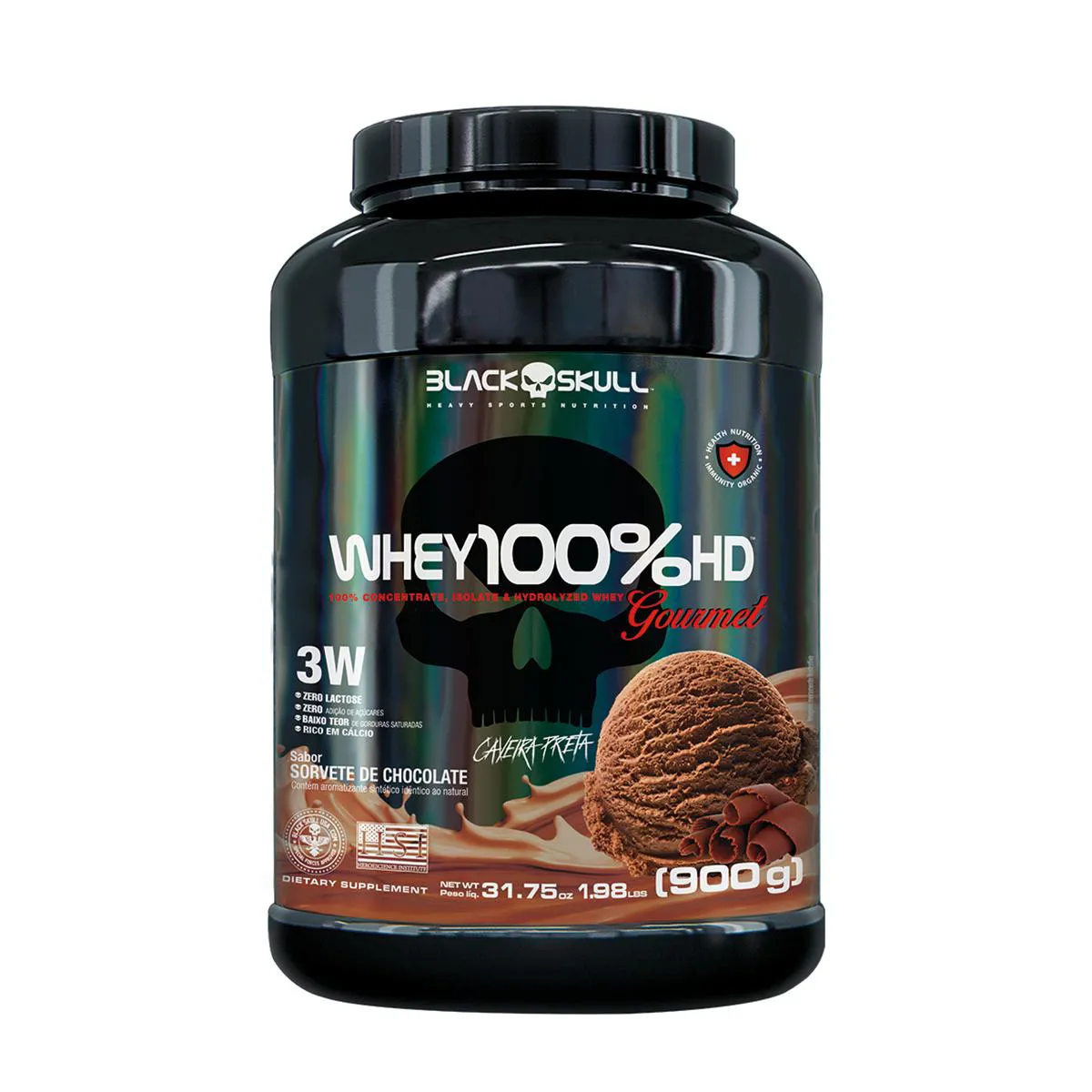 Whey Protein Black Skull 100% HD Gourmet Sorvete de Chocolate 900g