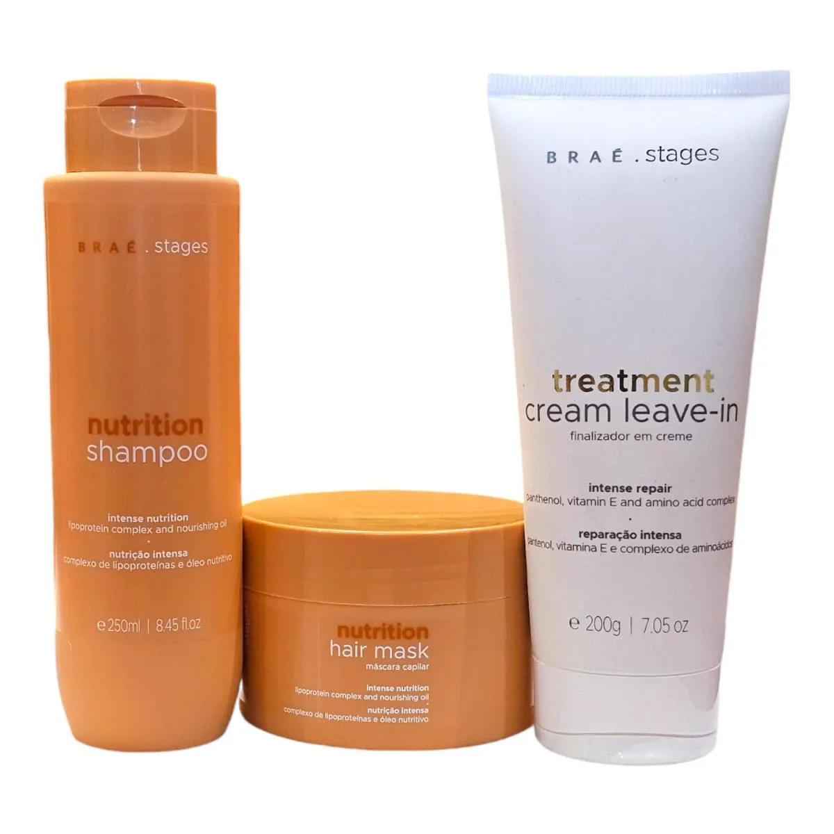 KIT BRAé STAGES NUTRITION - SHAMPOO 250ML + MáSCARA 200G + TREATMENT CREAM LEAVE-IN 200G