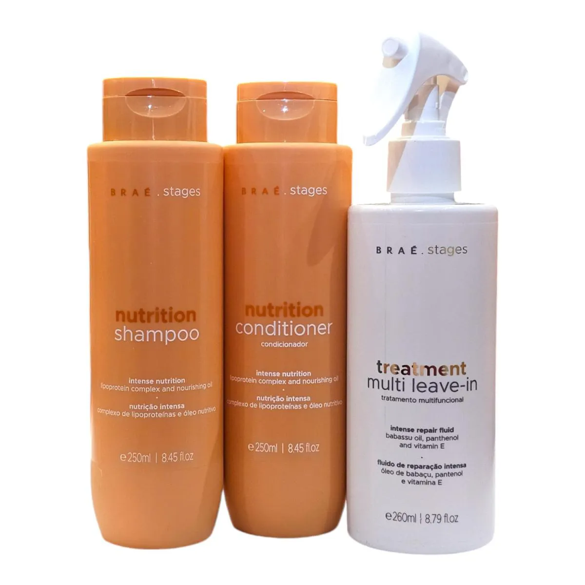 KIT BRAé STAGES NUTRITION - SHAMPOO 250ML + CONDICIONADOR 250ML + TREATMENT SPRAY LEAVE-IN 260ML