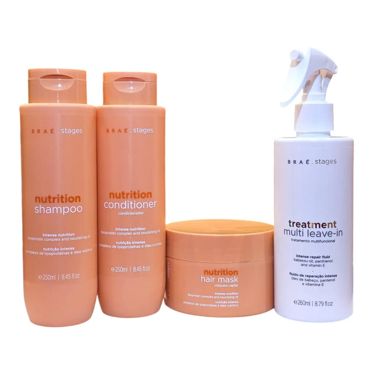 KIT BRAé STAGES NUTRITION - SHAMPOO 250ML + CONDICIONADOR 250ML + MáSCARA 200G + TREATMENT SPRAY LEAVE-IN 260ML
