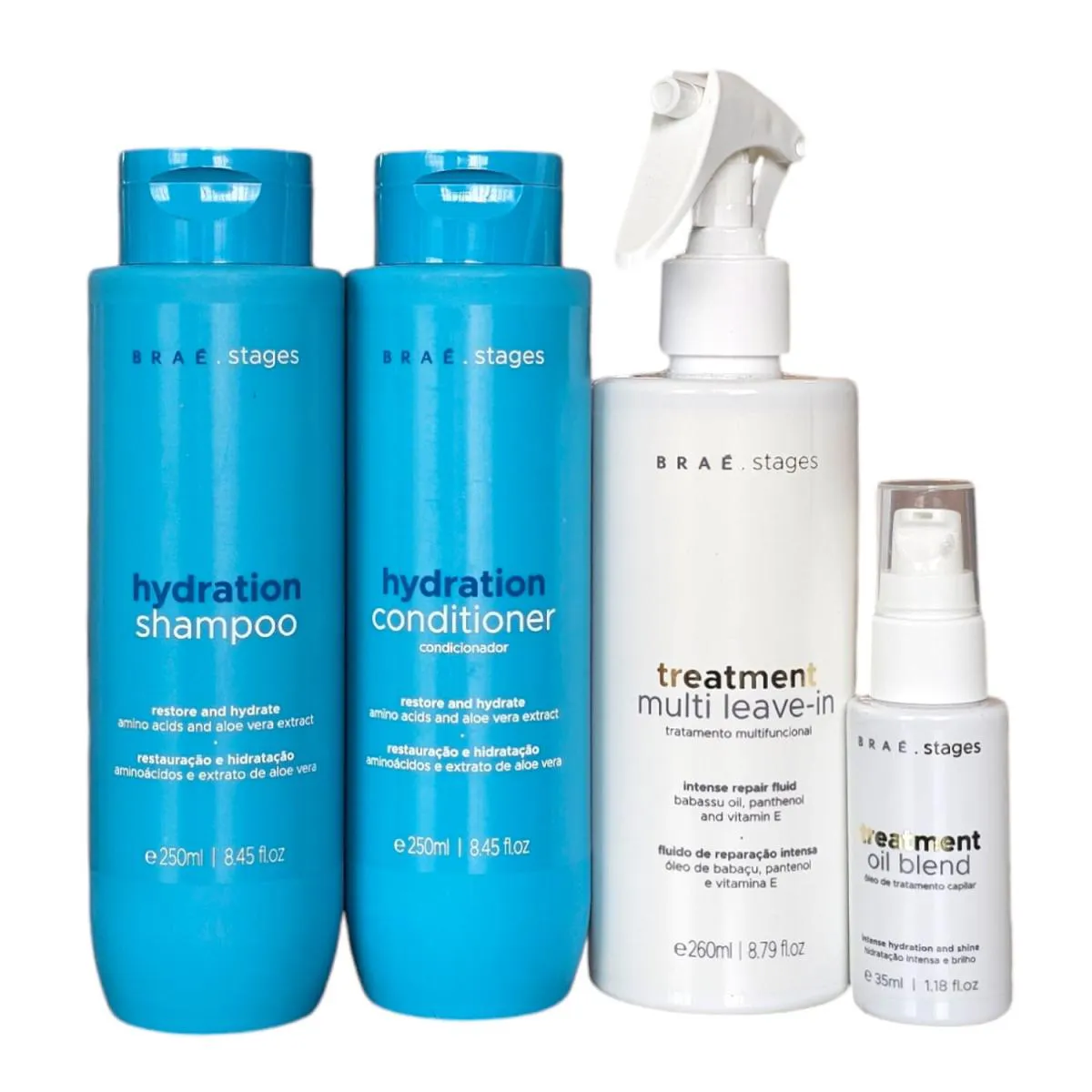 KIT BRAé STAGES HYDRATION - SHAMPOO 250ML + CONDICIONADOR 250ML + TREAMENT LEAVE-IN SPRAY 260ML + OIL BLEND 35ML