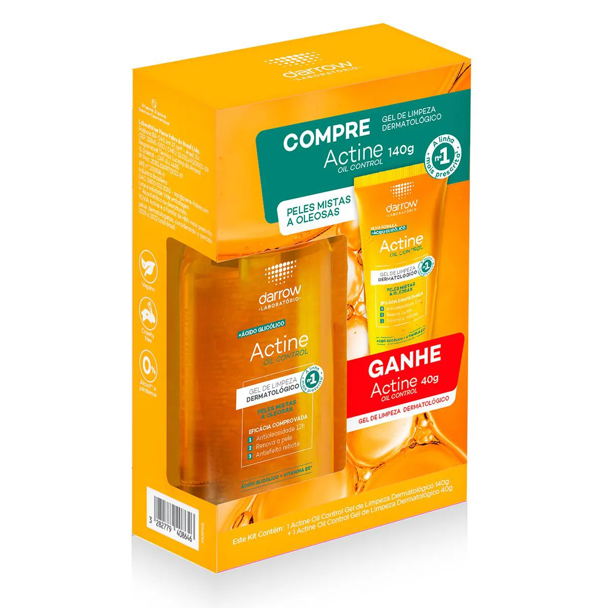 Kit Gel de Limpeza Facial Actine Oil Control Peles Mistas a Oleosas 140g + 40g