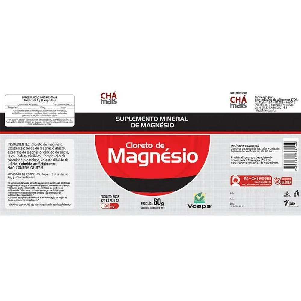 CLORETO DE MAGNéSIO 500MG CHá MAIS 120 CáPSULAS