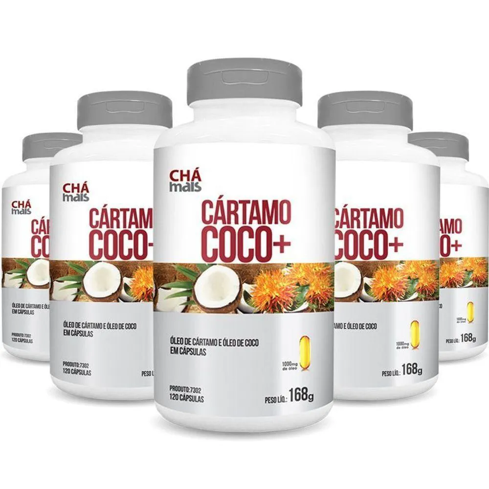 KIT 5 ÓLEO DE CARTAMO + ÓLEO DE COCO 1000MG CHá MAIS 120 CáPSULAS