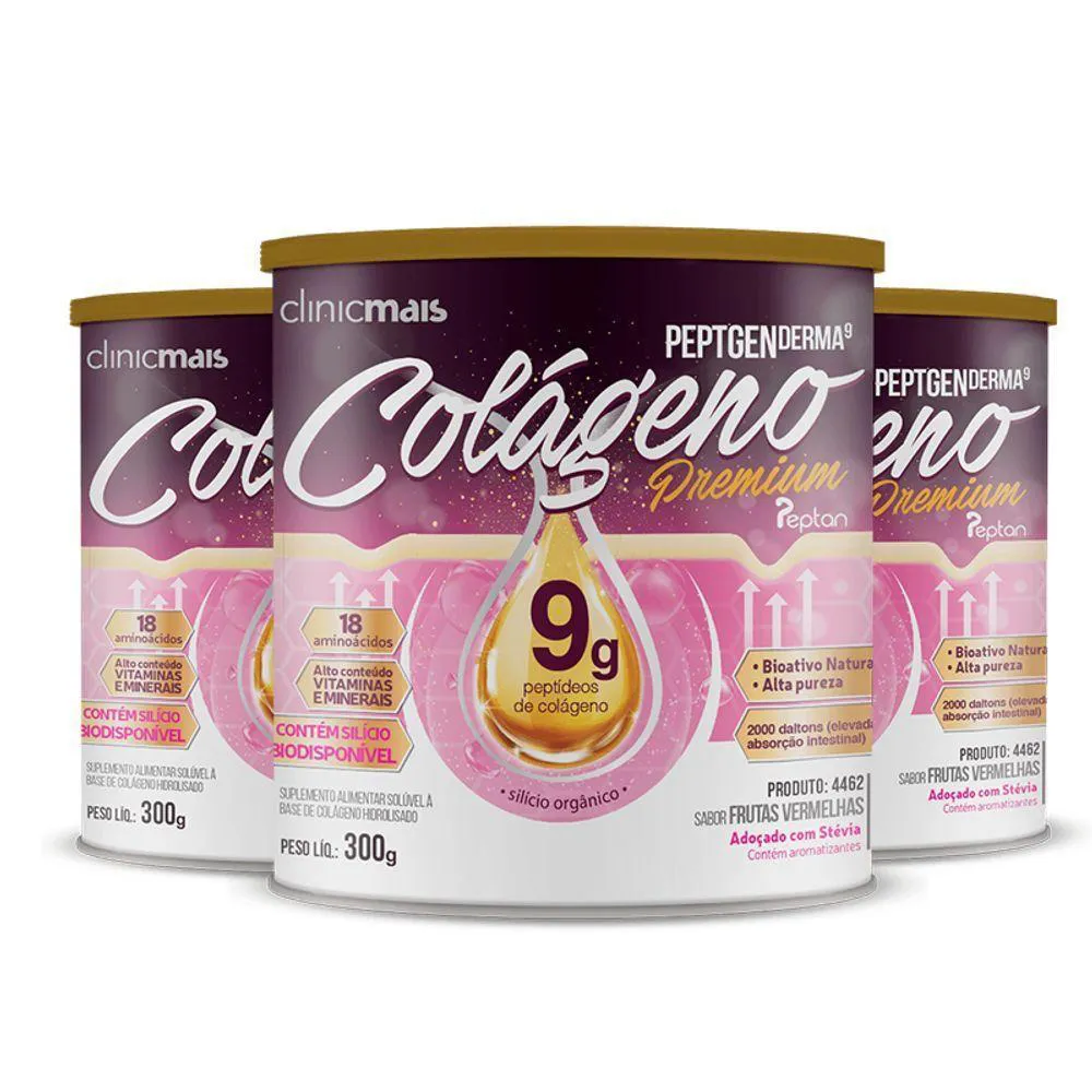 KIT 3 COLáGENO HIDROLISADO PREMIUM 9G CLINIC MAIS 300G FRUTAS VERMELHAS