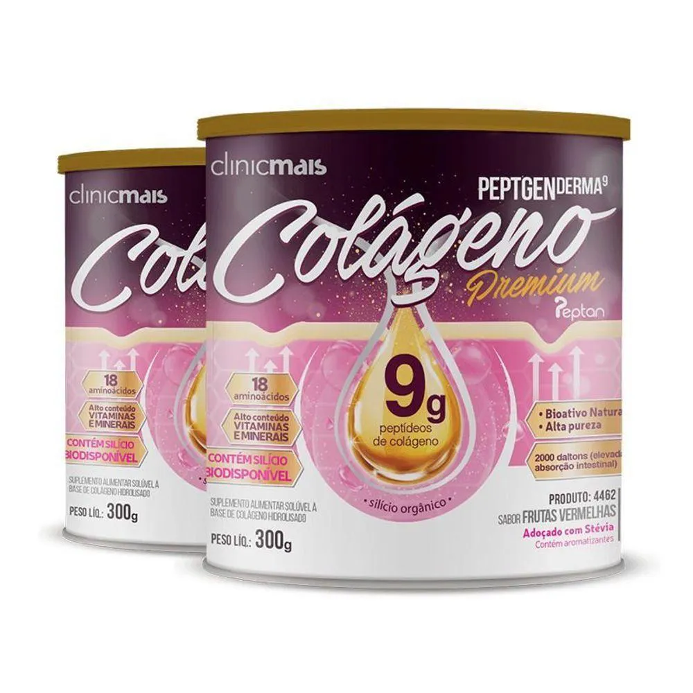 KIT 2 COLáGENO HIDROLISADO PREMIUM 9G CLINIC MAIS 300G FRUTAS VERMELHAS