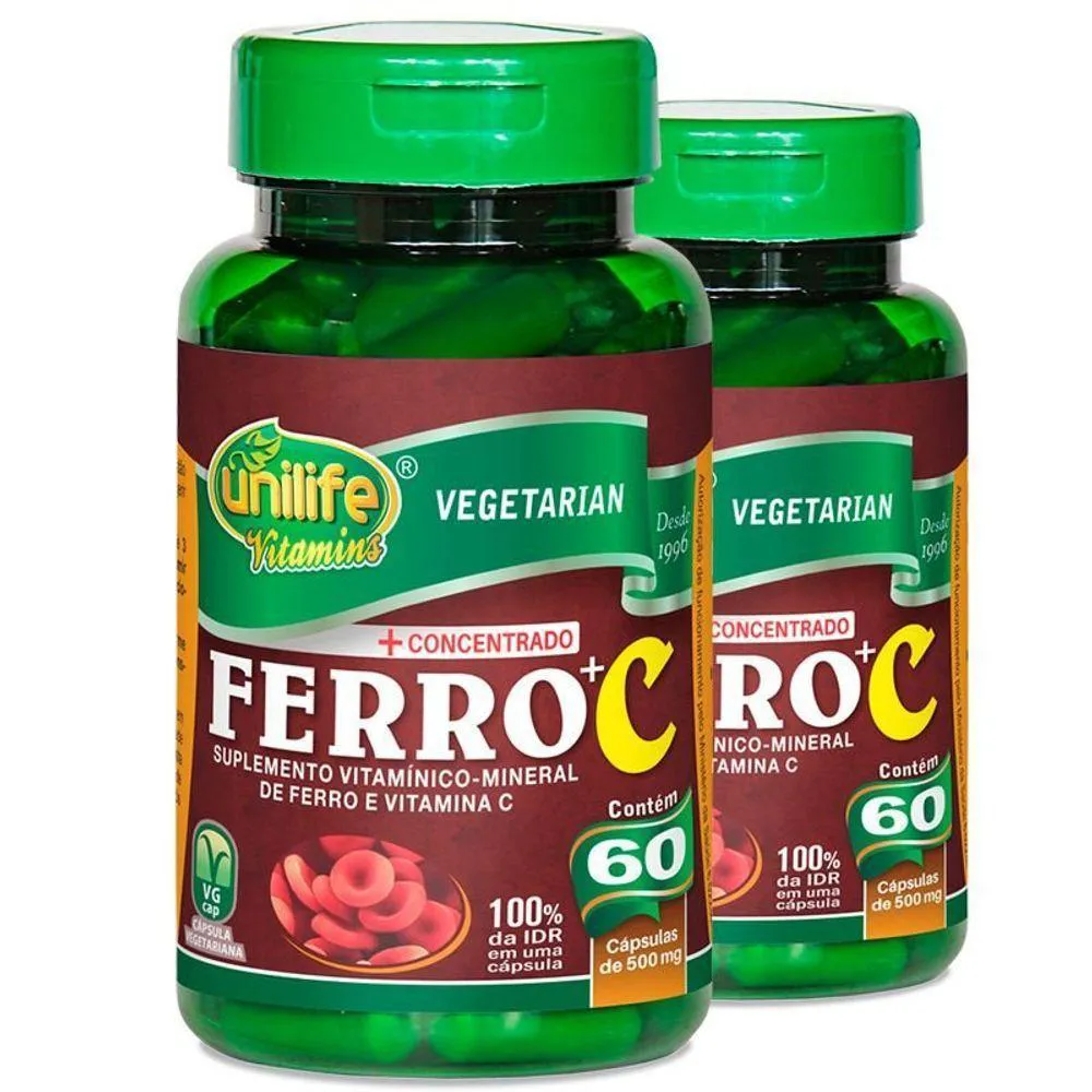 KIT 2 FERRO COM VITAMINA C 60 CáPSULAS UNILIFE