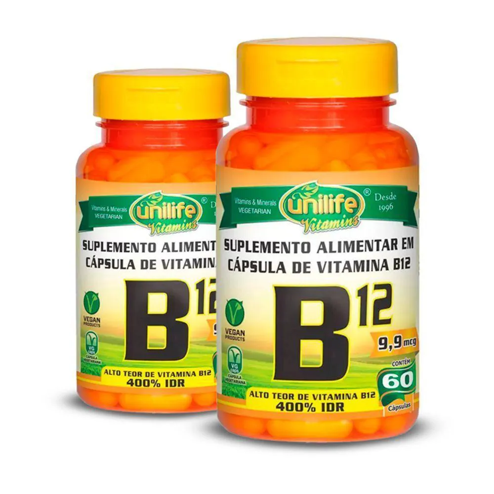 KIT 2 VITAMINA B12 CIANOCOBALAMINA UNILIFE 60 CáPSULAS