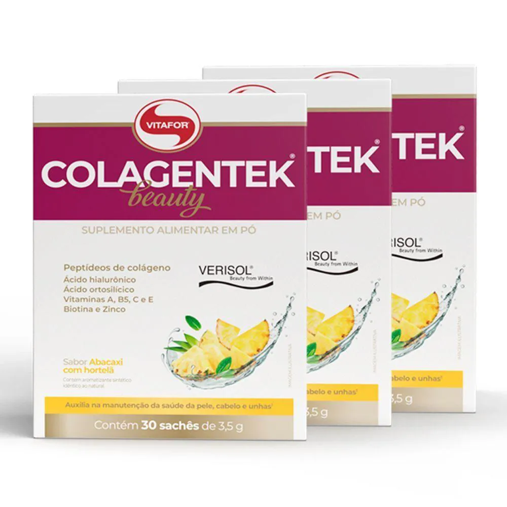 KIT 3 COLAGENTEK BEAUTY 30 SACHêS 3,5G ABACAXI COM HORTELã