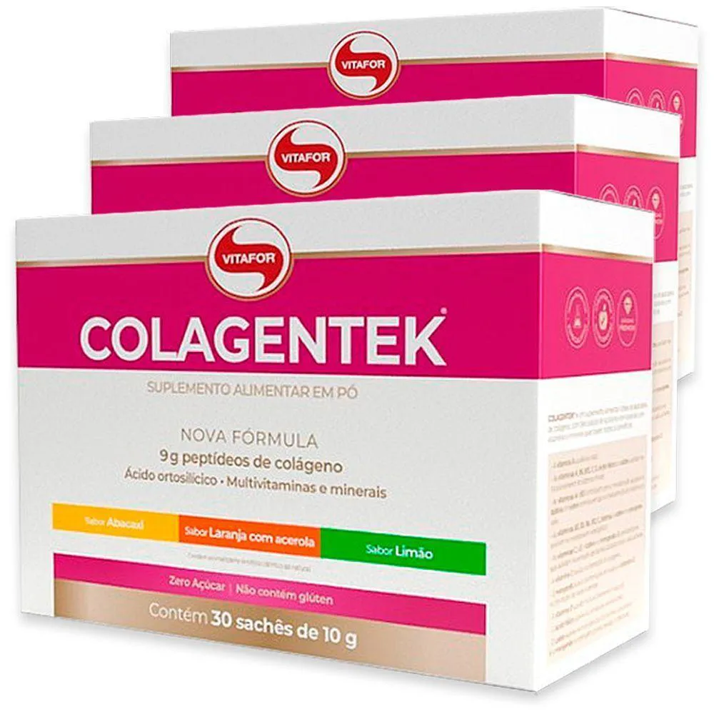 KIT 3 COLáGENO HIDROLISADO COLAGENTEK VITAFOR 30 SACHêS