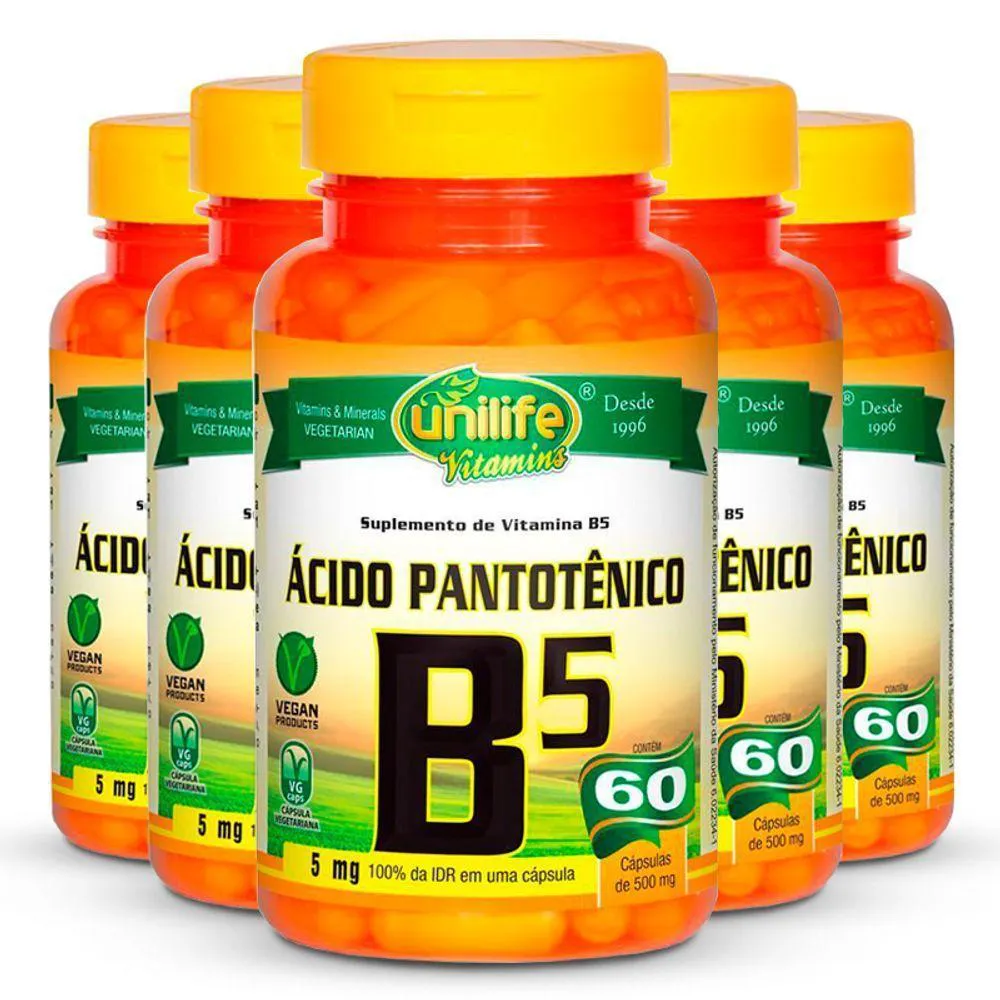 KIT 5 VITAMINA B5 áCIDO PANTOTêNICO 60 CáPSULAS UNILIFE