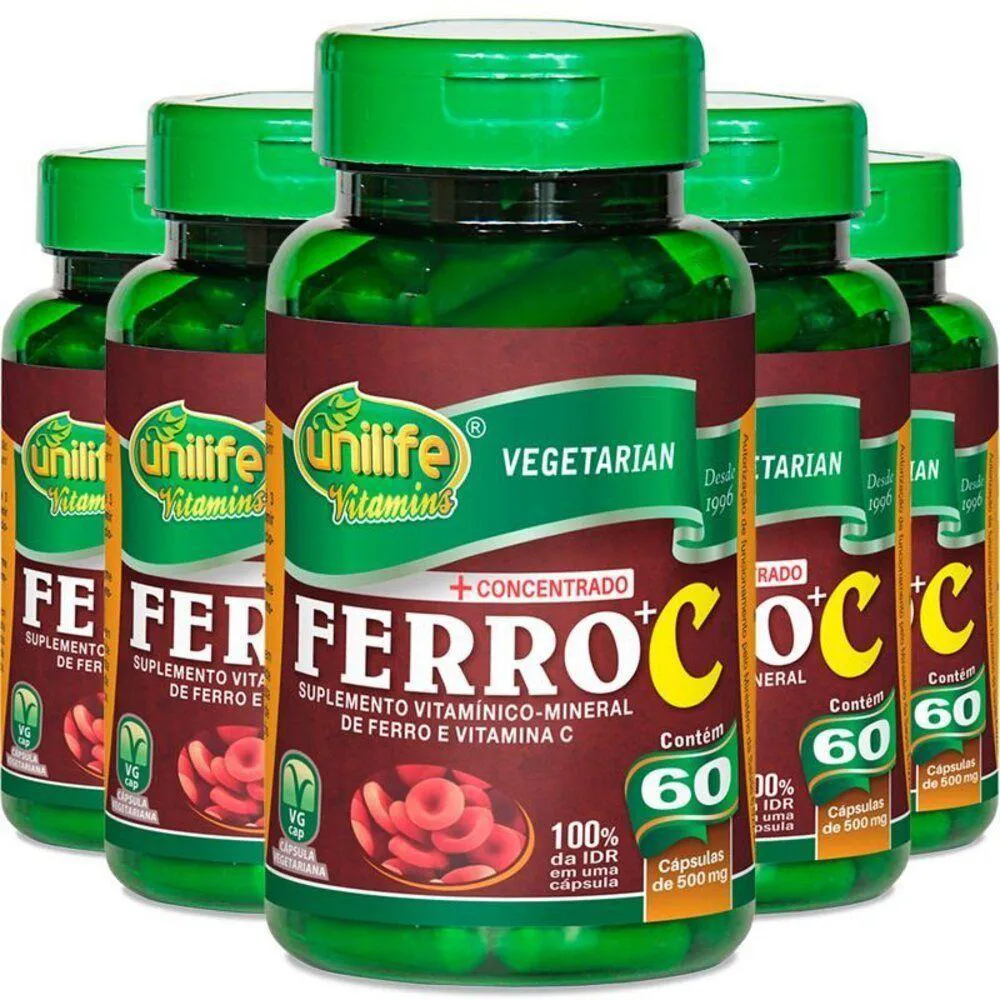 KIT 5 FERRO COM VITAMINA C UNILIFE 60 CáPSULAS