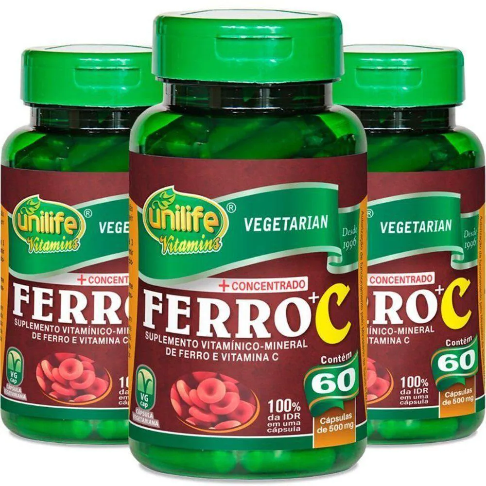 KIT 3 FERRO COM VITAMINA C UNILIFE 60 CáPSULAS