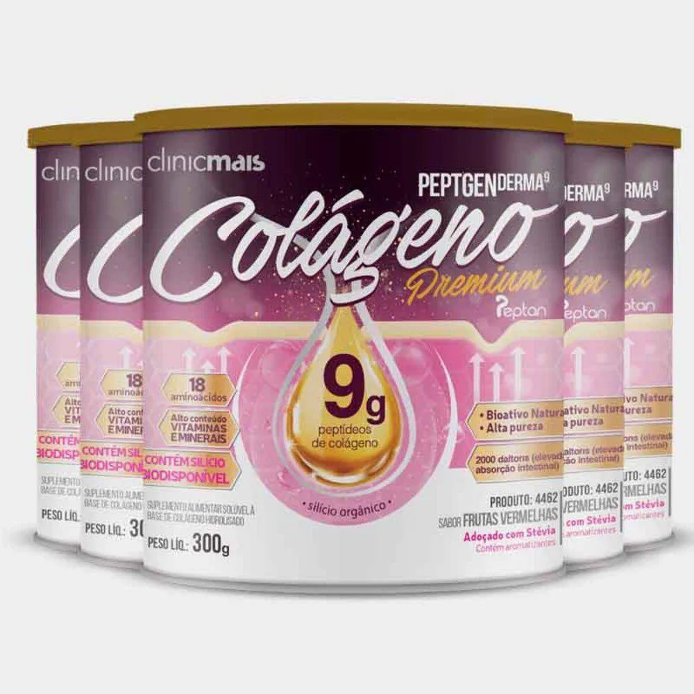 KIT 5 COLáGENO HIDROLISADO PREMIUM 9G CLINIC MAIS 300G FRUTAS VERMELHAS