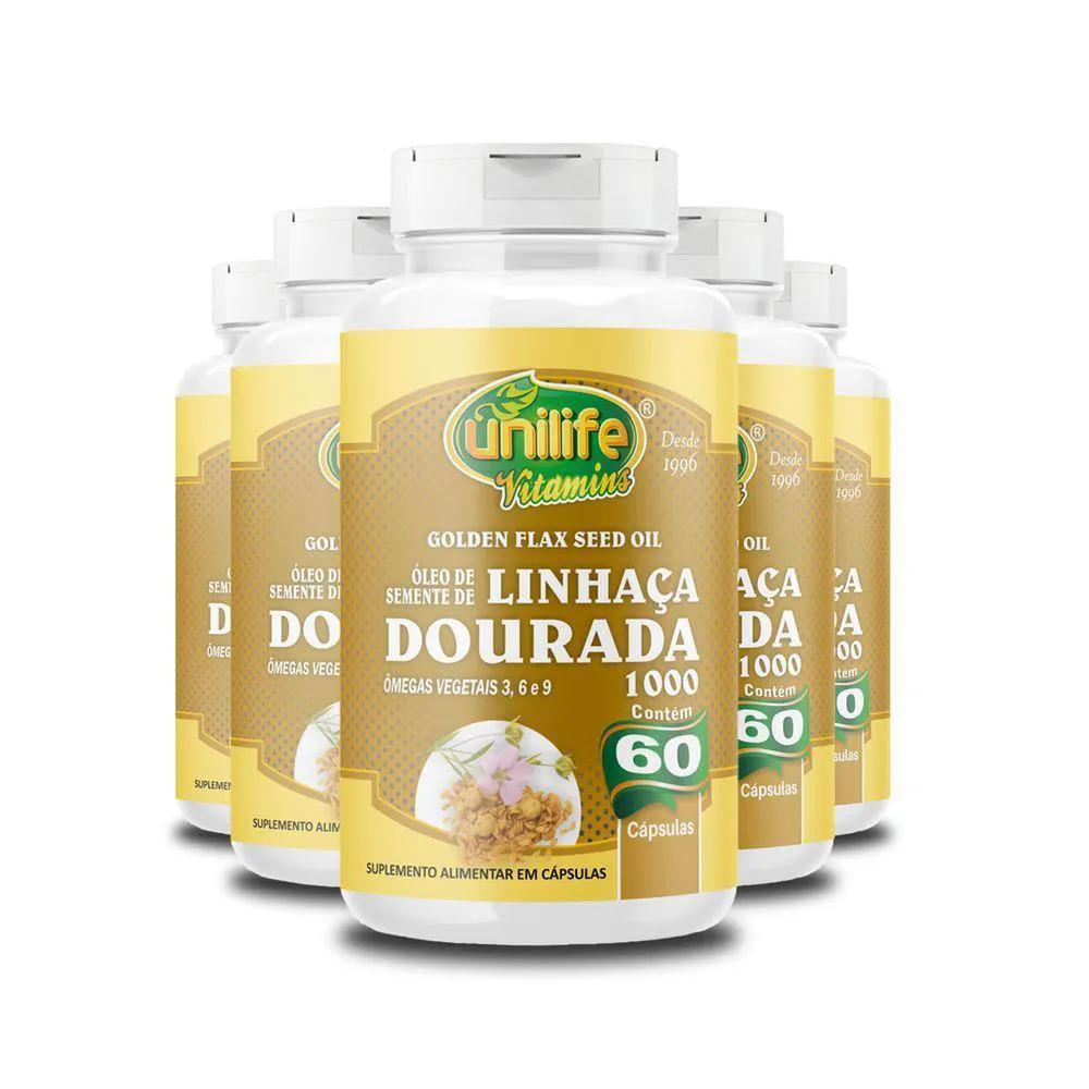 KIT 5 óLEO DE SEMENTE DE LINHAçA DOURADA 1000MG UNILIFE 60 CáPSULAS