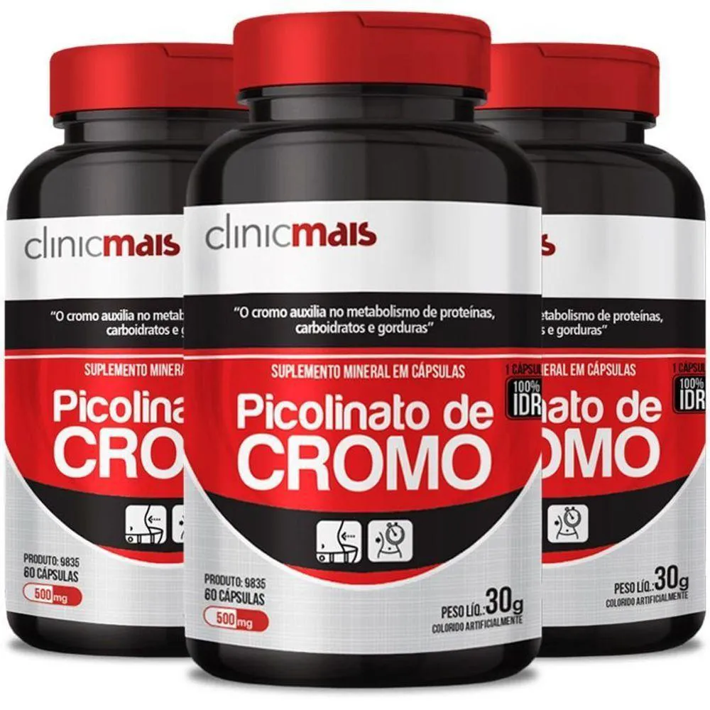 KIT 3 PICOLINATO DE CROMO 500MG CHá MAIS 60CáPS