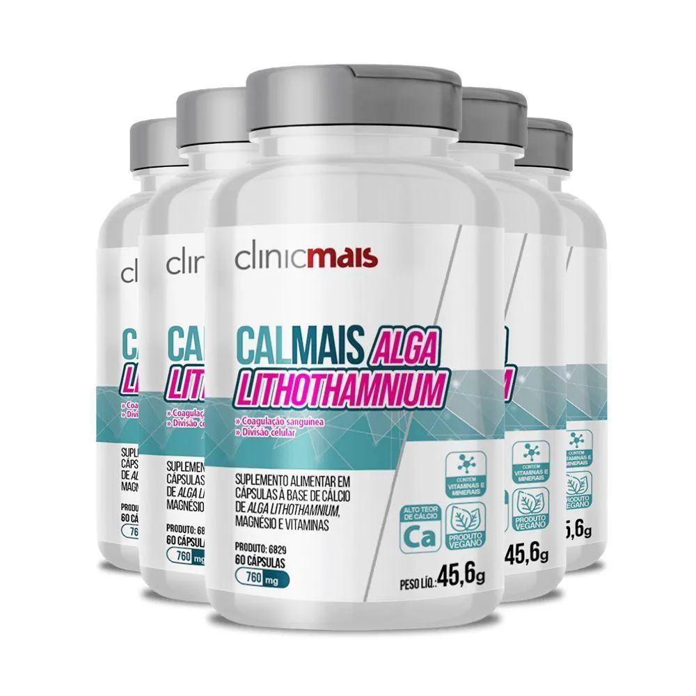 KIT 5 CALMAIS ALGA LITHOTHAMNIUM CLINIC MAIS 760MG 60 CáPSULAS