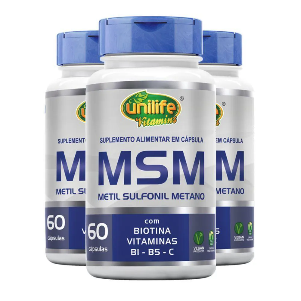 KIT 3 MSM METIL SUFONIL METANO + BIOTINA E VITAMINA UNILIFE 60 CáPSULAS