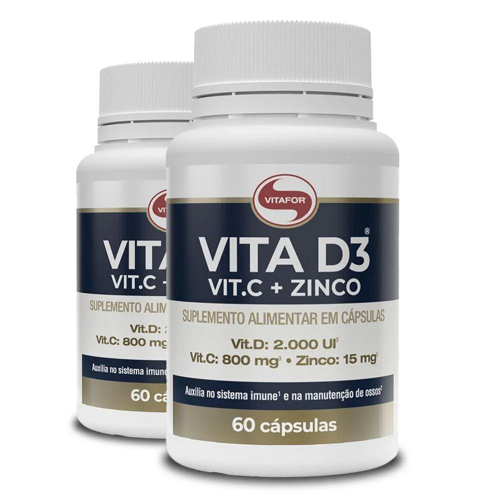 KIT 2 VITAMINA D3 + C + ZINCO VITAFOR 60 CáPSULAS 1G