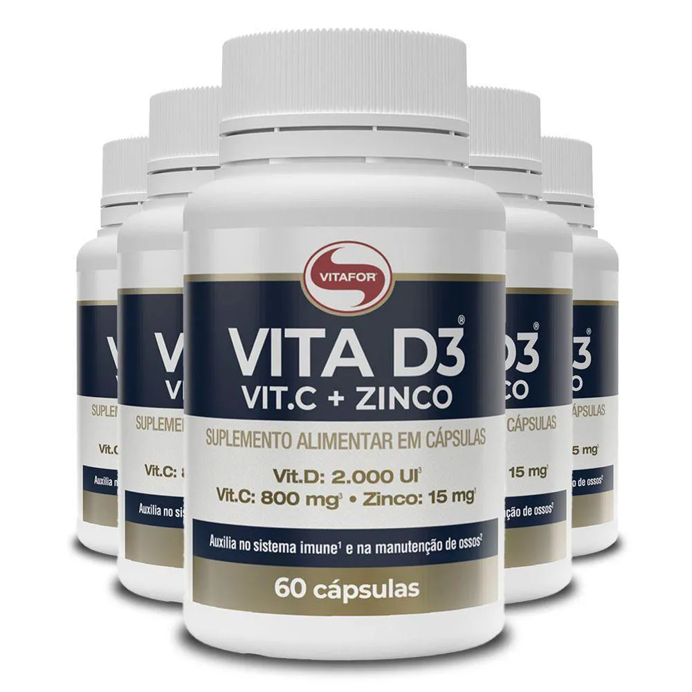 KIT 5 VITAMINA D3 + C + ZINCO VITAFOR 60 CáPSULAS 1G