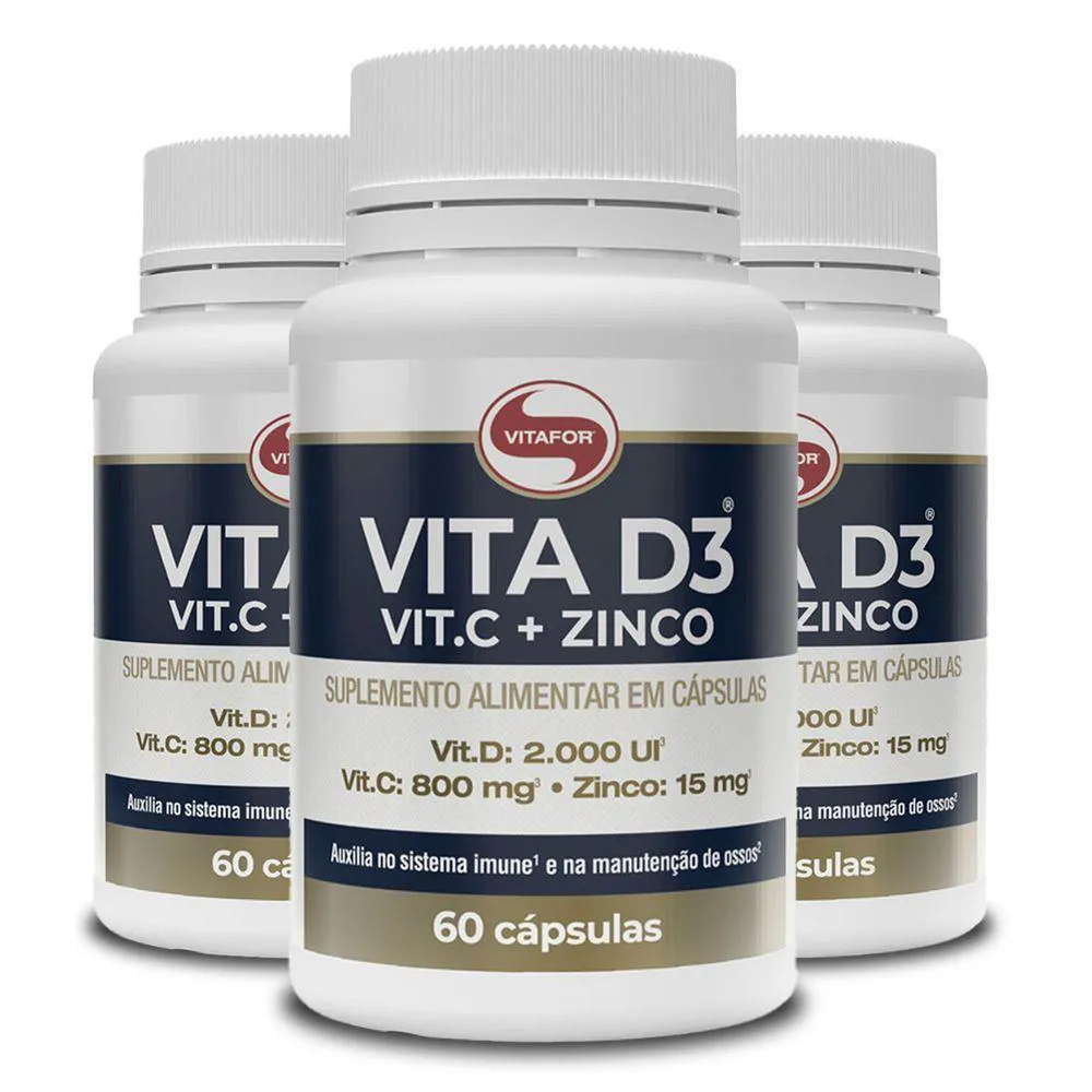 KIT 3 VITAMINA D3 + C + ZINCO VITAFOR 60 CáPSULAS 1G
