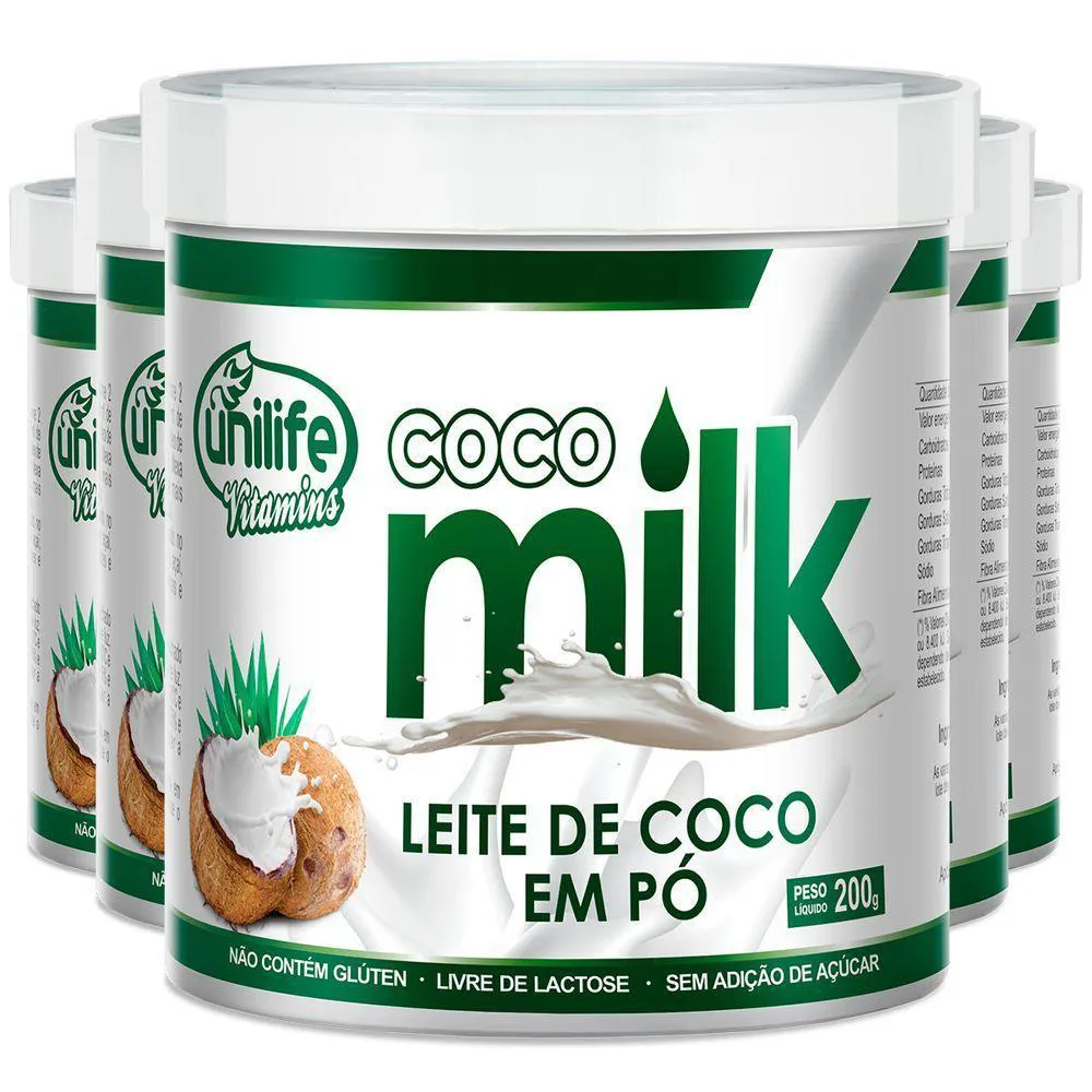 KIT 5 COCO MILK UNILIFE LEITE DE COCO EM Pó 200G