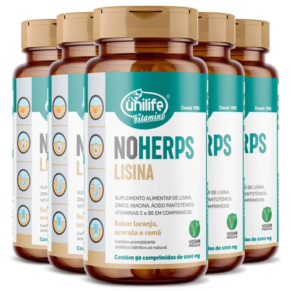 KIT 5 NOHERPS LISINA 1000MG UNILIFE 90 COMPRIMIDOS LARANJA E ACEROLA