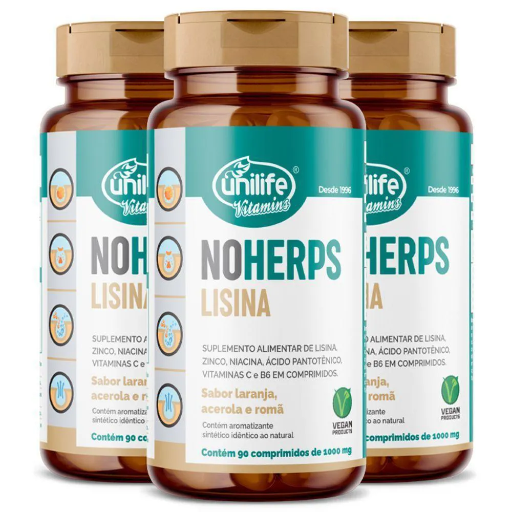 KIT 3 NOHERPS LISINA 1000MG UNILIFE 90 COMPRIMIDOS LARANJA E ACEROLA