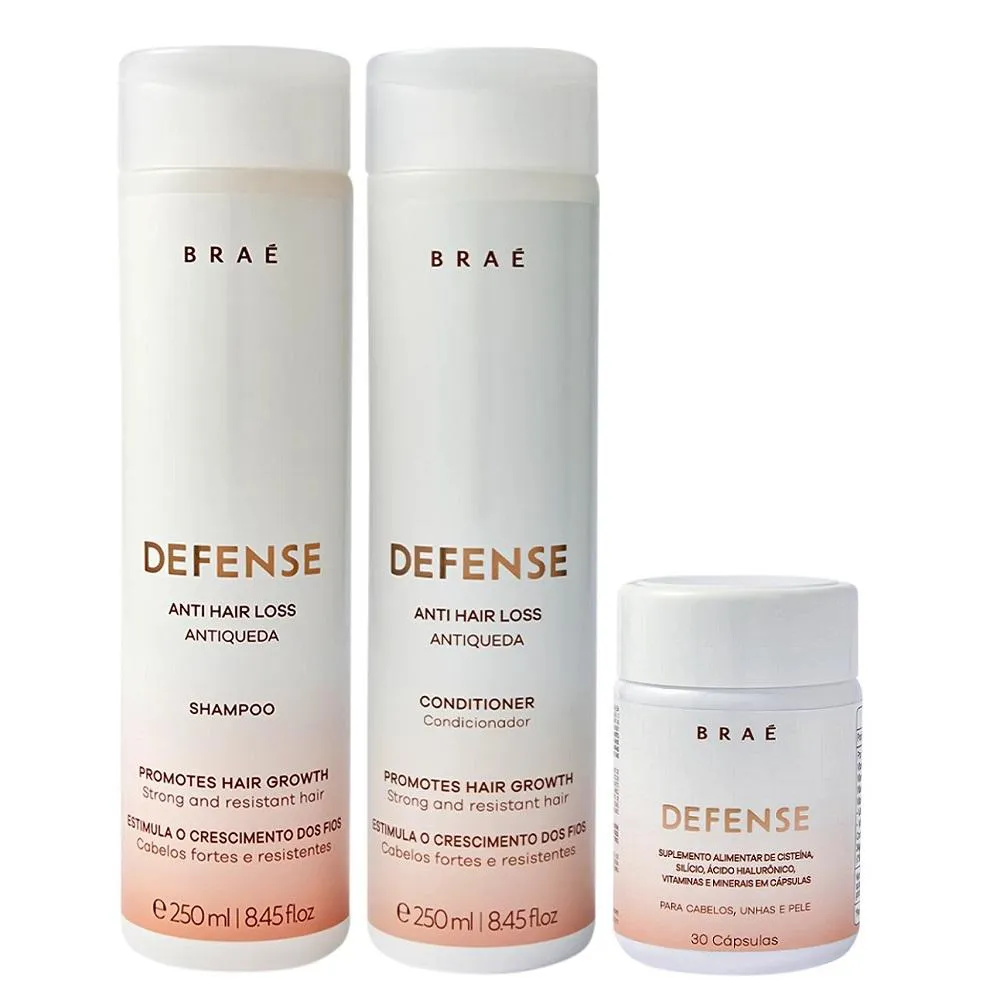 KIT BRAé DEFENSE ANTI HAIR LOSS SHAMPOO 250ML + CONDICIONADOR 250ML + SUPLEMENTO 30 CáPSULAS