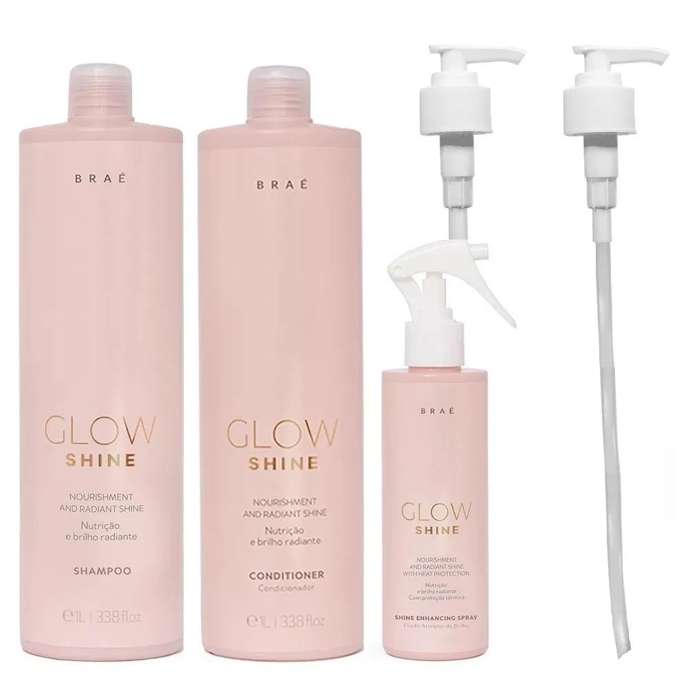 KIT BRAé GLOW SHINE SHAMPOO 1 LITRO + CONDICIONADOR 1 LITRO + ATIVADOR DE BRILHO 200ML + VáLVULAS PUMP