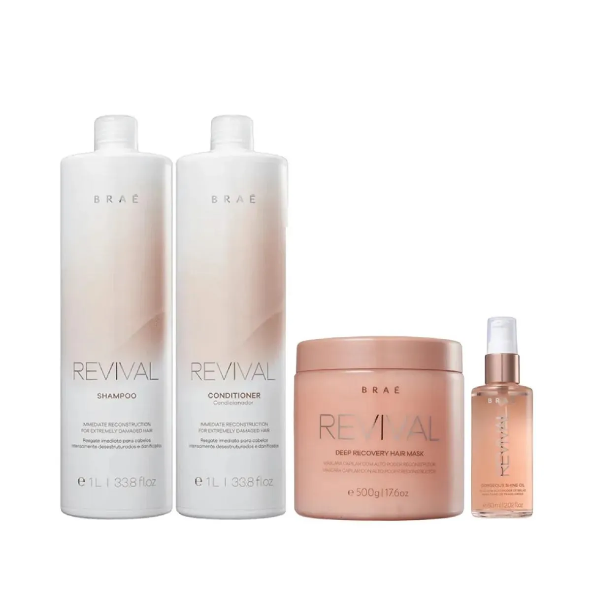 KIT BRAé REVIVAL - SHAMPOO 1L + CONDICIONADOR 1L + MáSCARA 500G + ÓLEO GORGEOUS 60ML