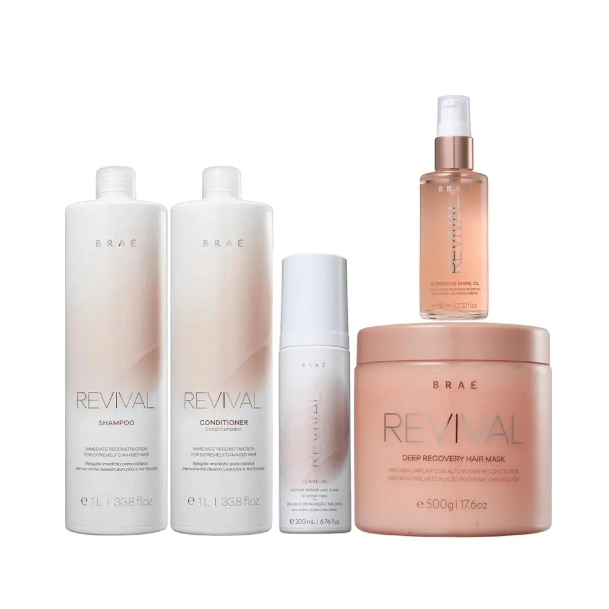 KIT BRAé REVIVAL - SHAMPOO 1L + CONDICIONADOR 1L + MáSCARA 500G + LEAVE-IN 200ML + ÓLEO GORGEOUS 60ML