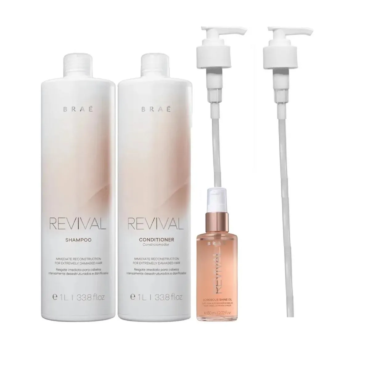 KIT BRAé REVIVAL - SHAMPOO 1L + CONDICIONADOR 1L + ÓLEO GORGEOUS SHINE 60ML + VáLVULA PUMP