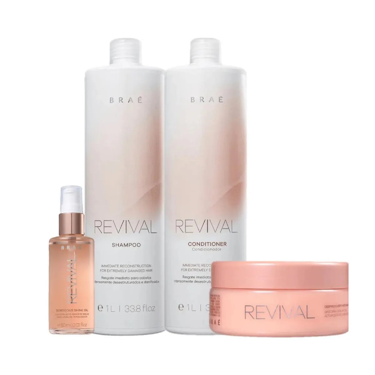 KIT BRAé REVIVAL - SHAMPOO 1L + CONDICIONADOR 1L + MáSCARA 200G + ÓLEO 60ML