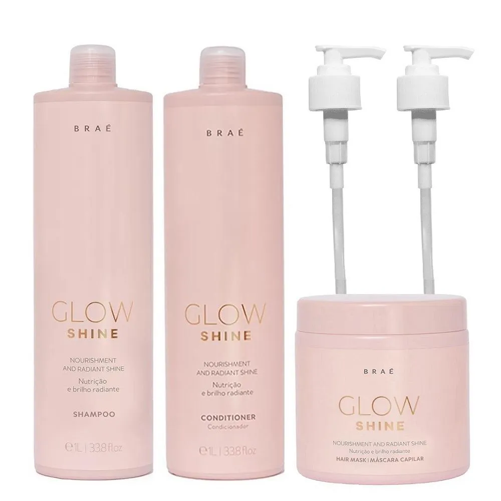 KIT BRAé GLOW SHINE SHAMPOO 1L + CONDICIONADOR 1L + MáSCARA 500G + VáLVULAS PUMP