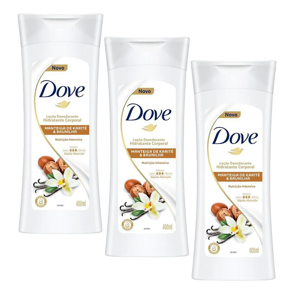 KIT 3 LOçãO DESODORANTE HIDRATANTE CORPORAL DOVE MANTEIGA DE KARITé E BAUNILHA 400ML