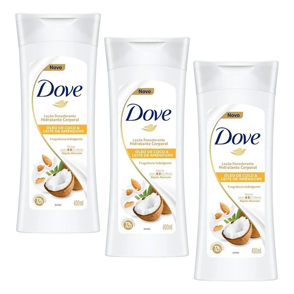 KIT 3 LOçãO DESODORANTE HIDRATANTE CORPORAL DOVE ÓLEO DE COCO E LEITE DE AMêNDOAS 400ML