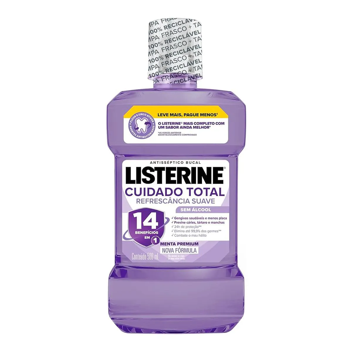 ENXAGUANTE BUCAL LISTERINE CUIDADO TOTAL 14 BENEFíCIOS EM 1 MENTA PREMIUM 500ML LISTERINE