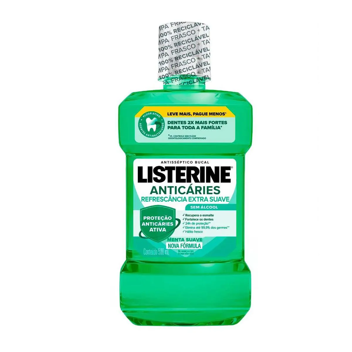 ENXAGUANTE BUCAL ANTICáRIES MENTA SUAVE ZERO ÁLCOOL 500ML LISTERINE