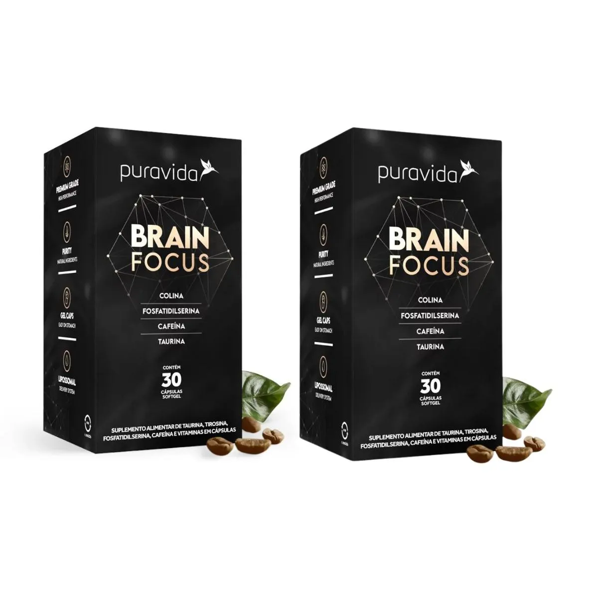 KIT  2 BRAIN FOCUS CAFEíNA ALTA PERFORMANCE MENTAL PURAVIDA SEM Sabor