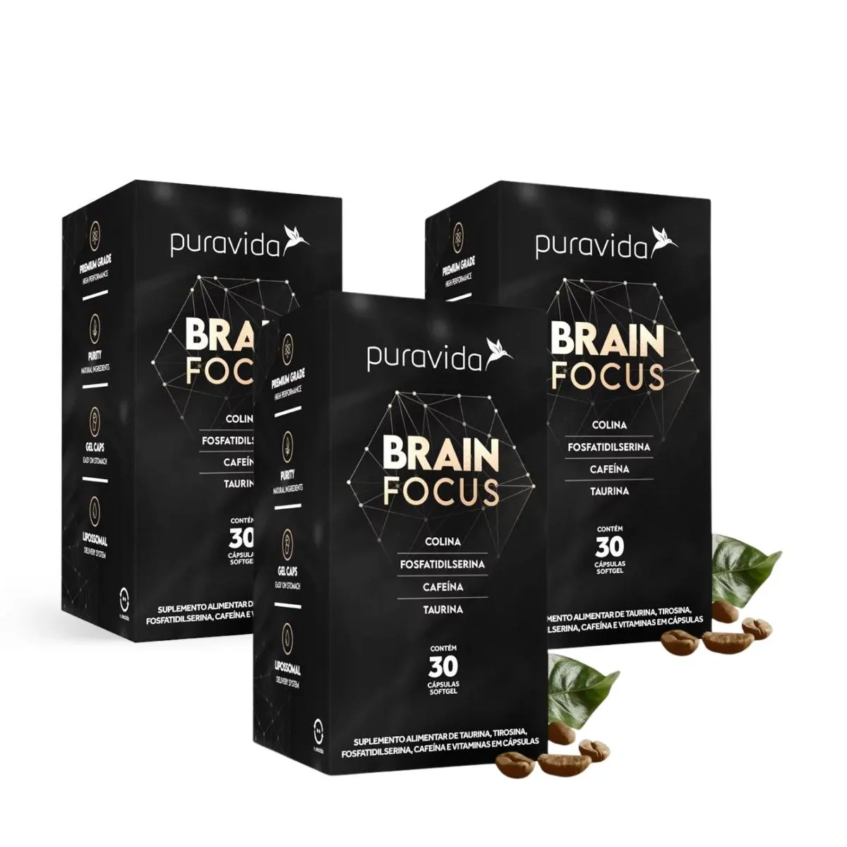 KIT 3 BRAIN FOCUS CAFEíNA ALTA PERFORMANCE MENTAL PURAVIDA SEM Sabor