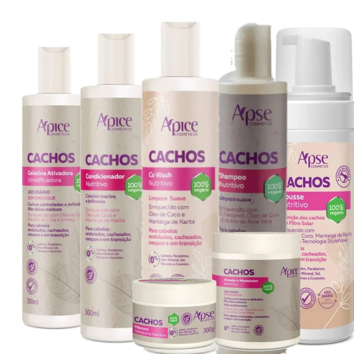KIT TRATAMENTO COMPLETO LINHA CACHOS APICE 7 ITENS(SHAMPOO CACHOS 300ML; CO WASH CACHOS 300ML; CONDICIONADOR CACHOS 300M