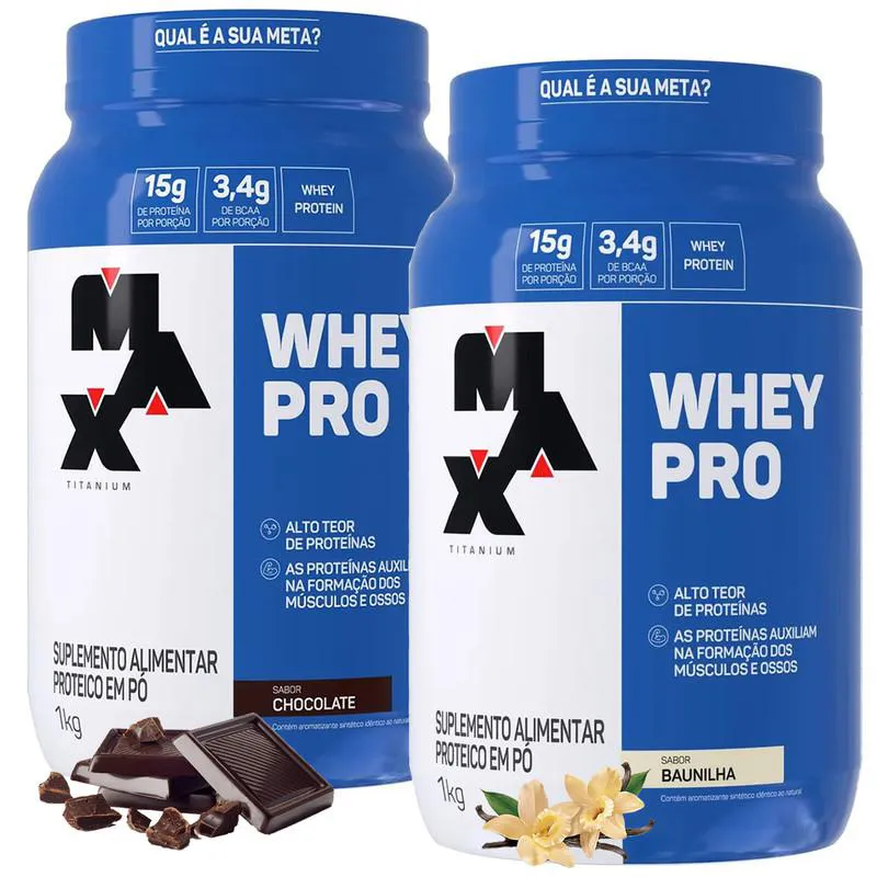 KIT 2X WHEY PRO 1KG MAX TITANIUM - SABOR CHOCOLATE E BAUNILHA