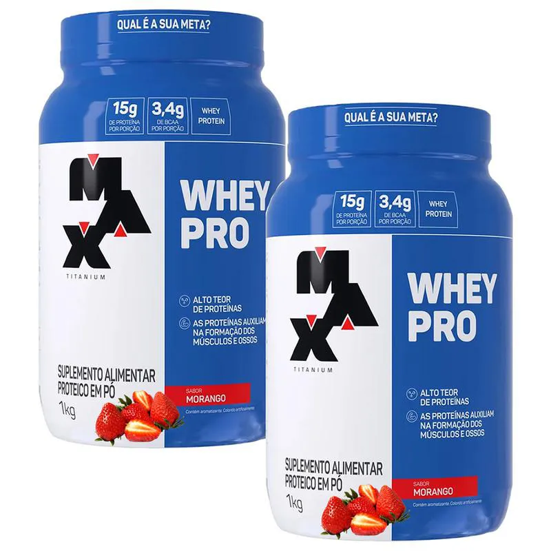 KIT 2X WHEY PRO 1KG MAX TITANIUM - SABOR MORANGO