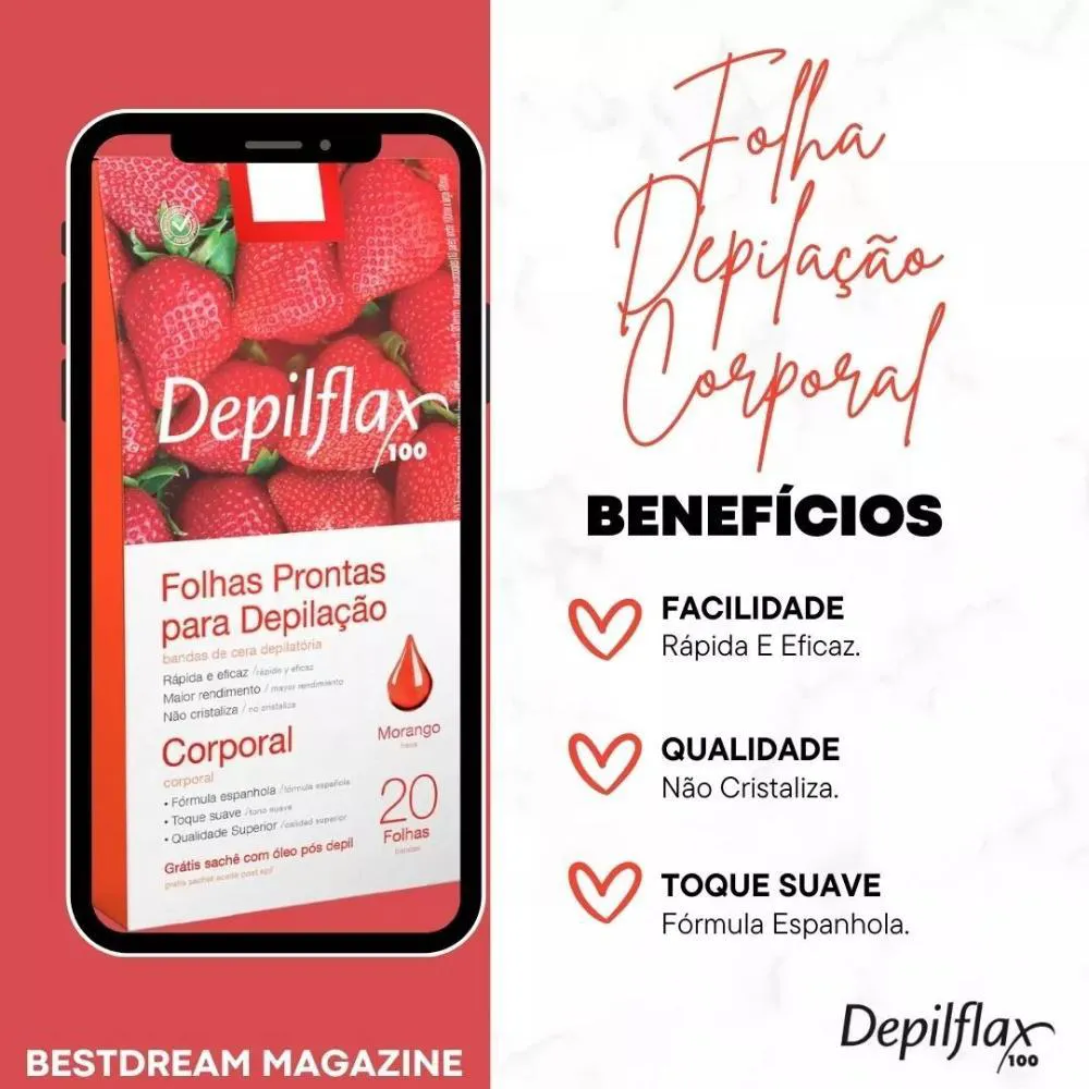 KIT 10X FOLHAS DEPILATóRIAS DEPILFLAX PRONTAS CORPORAL MORANGO DE 20 FOLHAS
