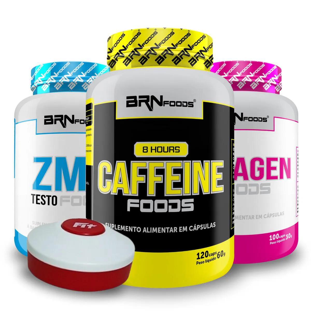 KIT ZMA TESTO FOODS 120 CáPS + COLAGEN 100 CáPS + 8 HOURS CAFFEINE 120 CáPS + BRINDE: PORTA CáPS - BRNFOODS